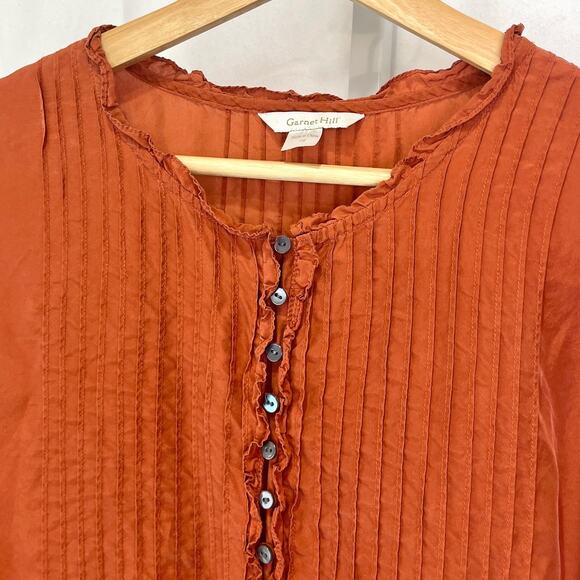 GARNET HILL Pintucked Silk Blouse Henley Button Bishop Sleeve Orange Size 16 - Picture 4 of 11